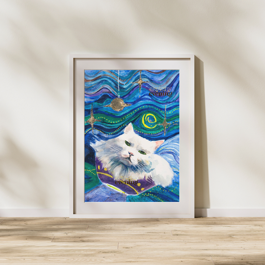 Framed artwork of a white cat with abstract blue and green design on a wall.