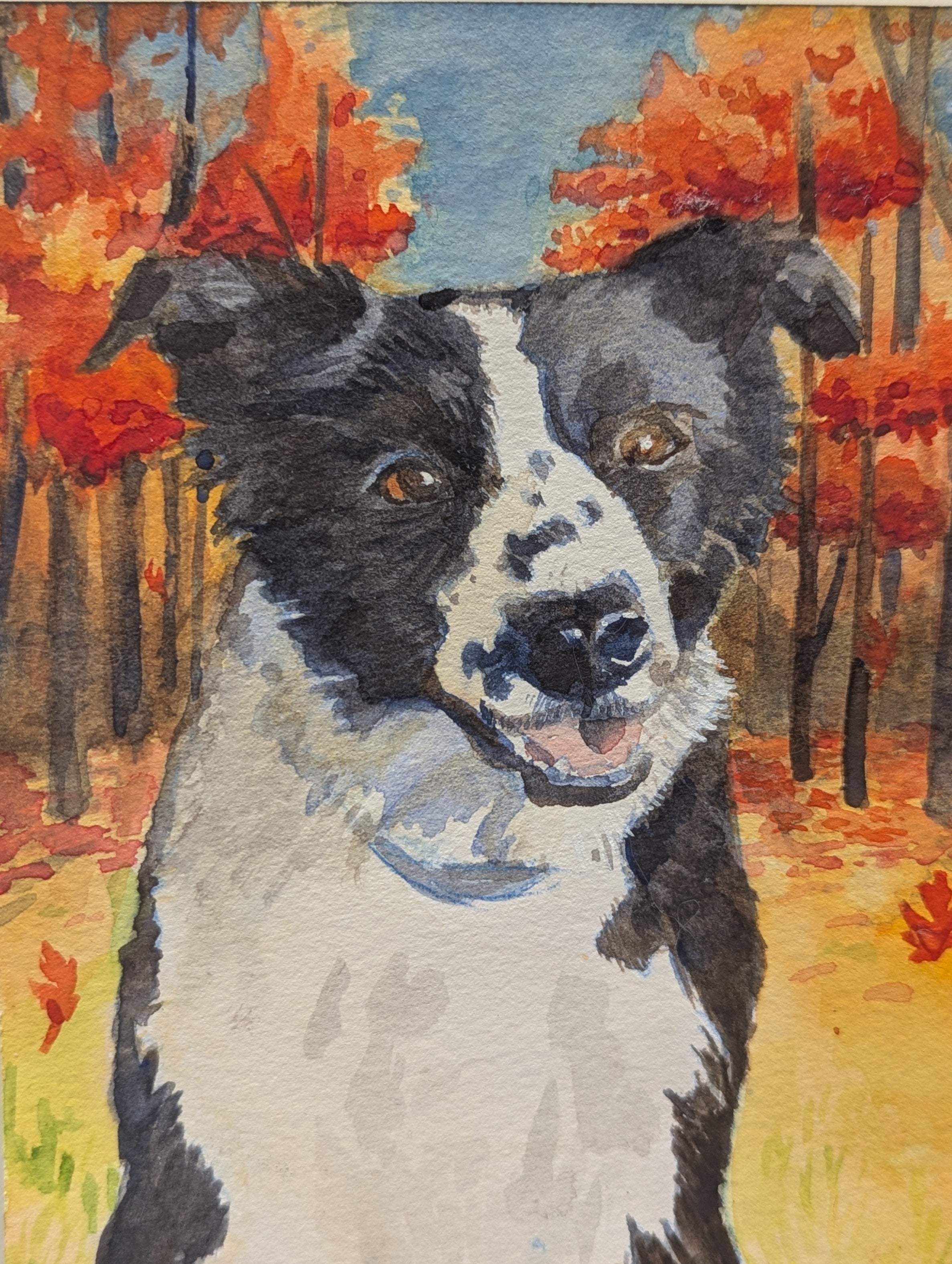 Dog painting with autumn forest background