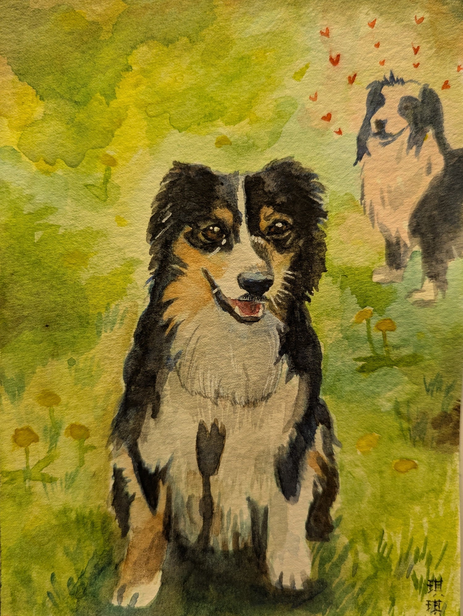 Watercolor painting of a dog in a grassy field with another dog in the background.