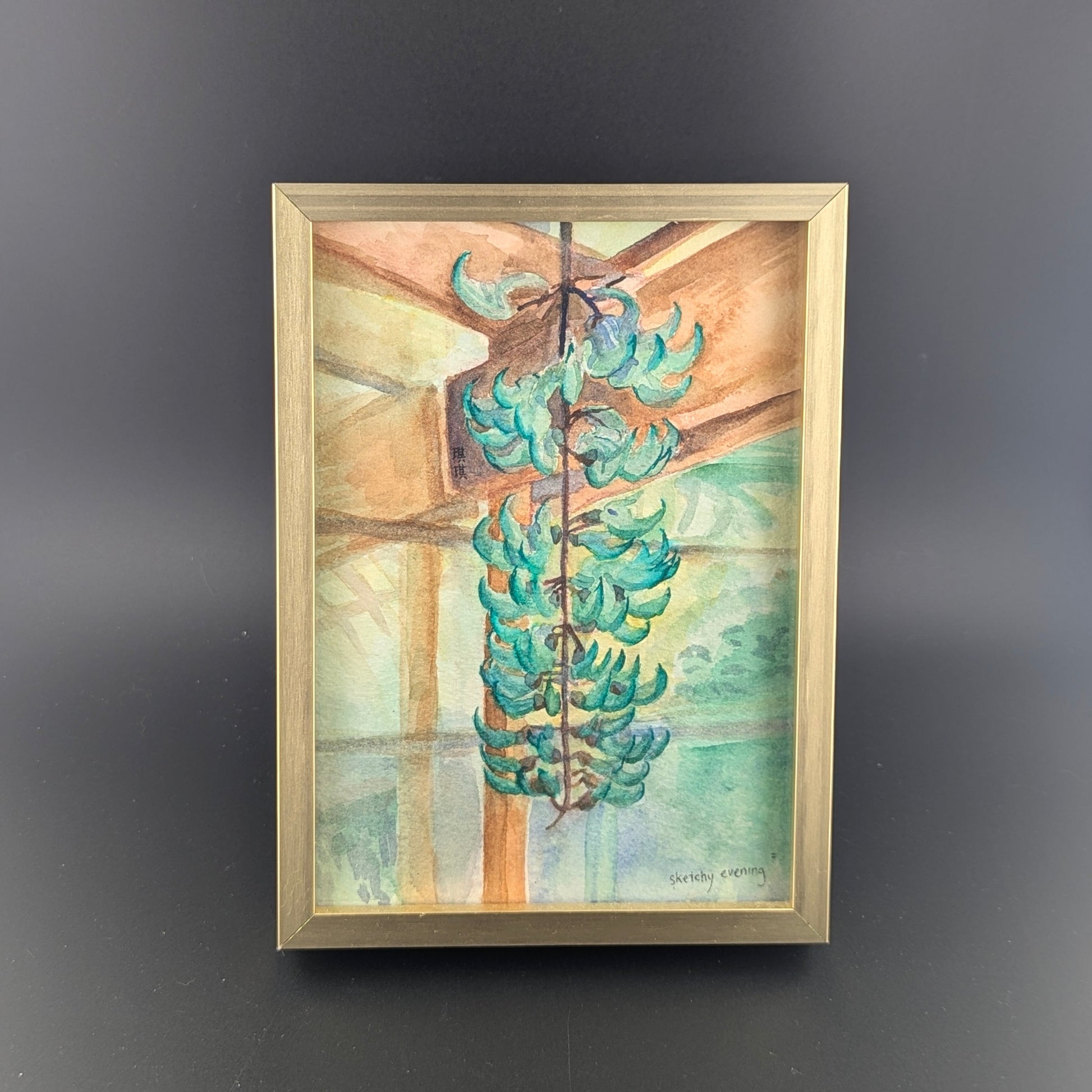 Framed artwork of turquoise flowers on a gray background