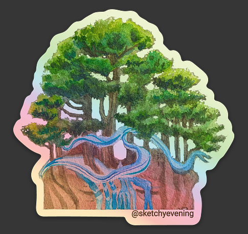 Illustration of a tree with a blue snake缠绕其根部，背景为黑色。