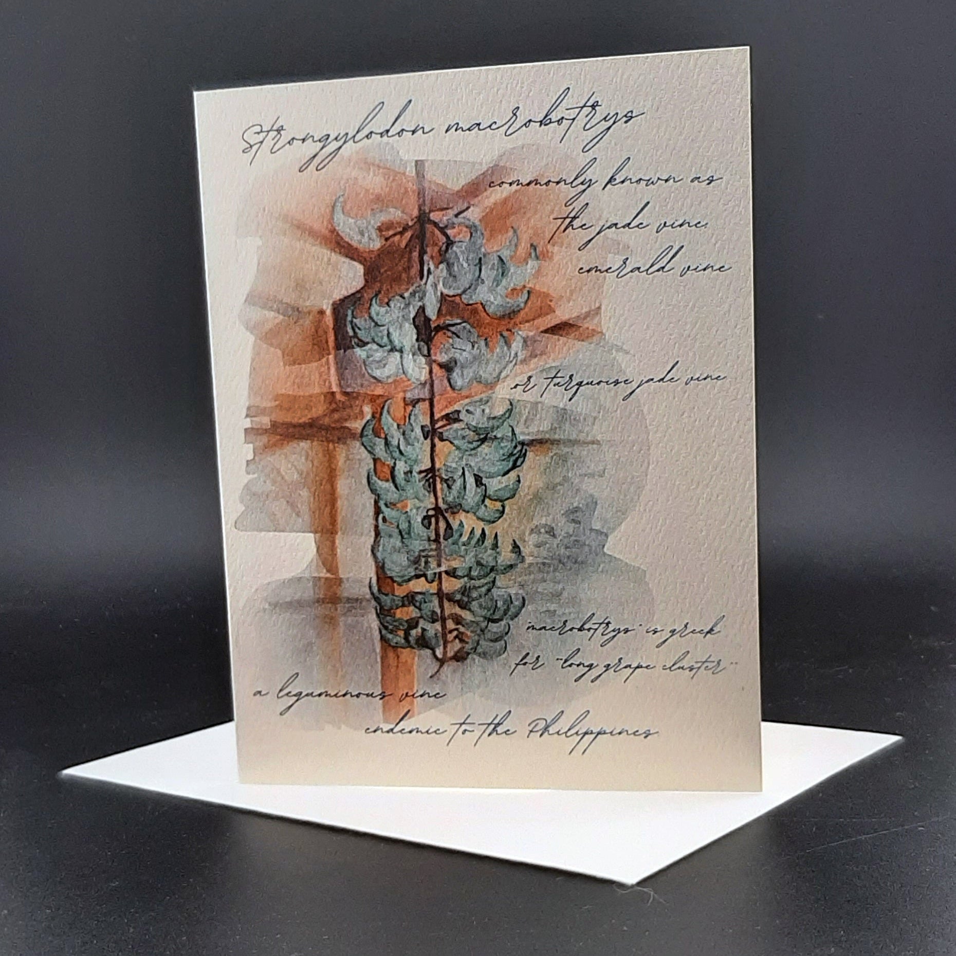 Greeting card with botanical illustration and text on a dark background